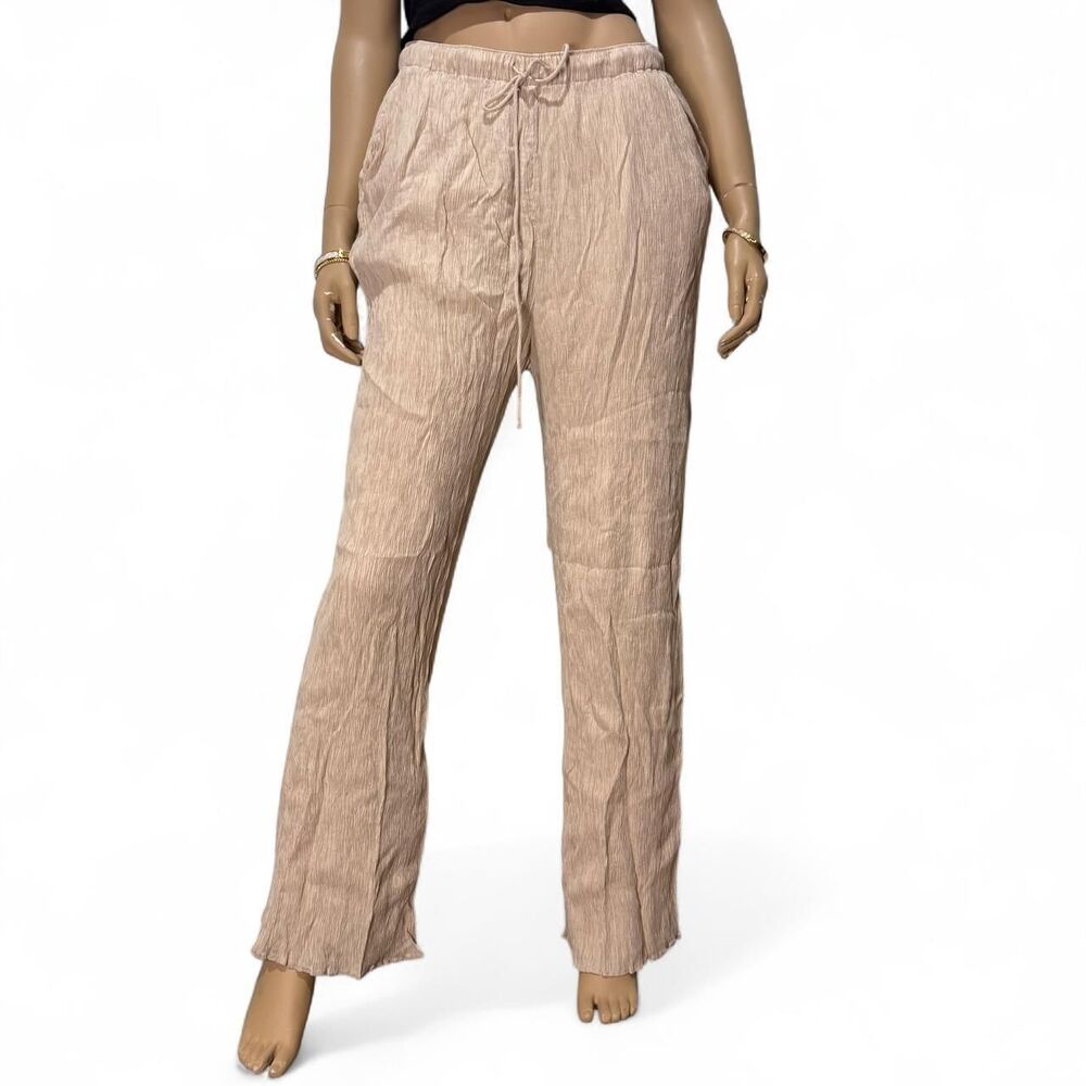 Abercrombie & Fitch Beige Crinkle Wide Leg Pants Neutral Drawstring Lounge